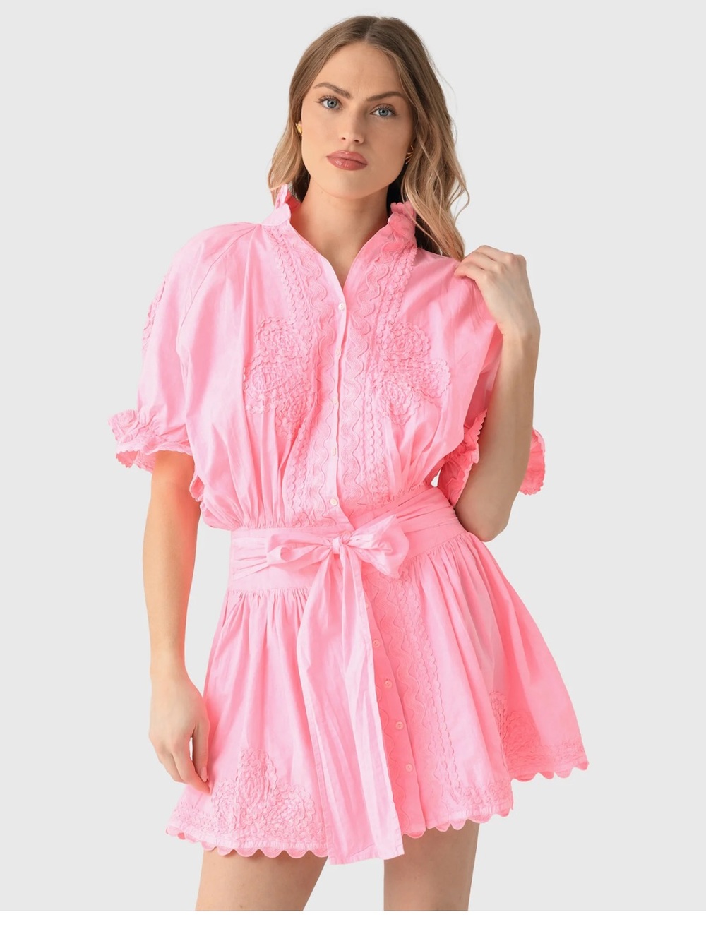 Juliet Dunn Bright Pink Embroidered Puff-Sleeve Dress
